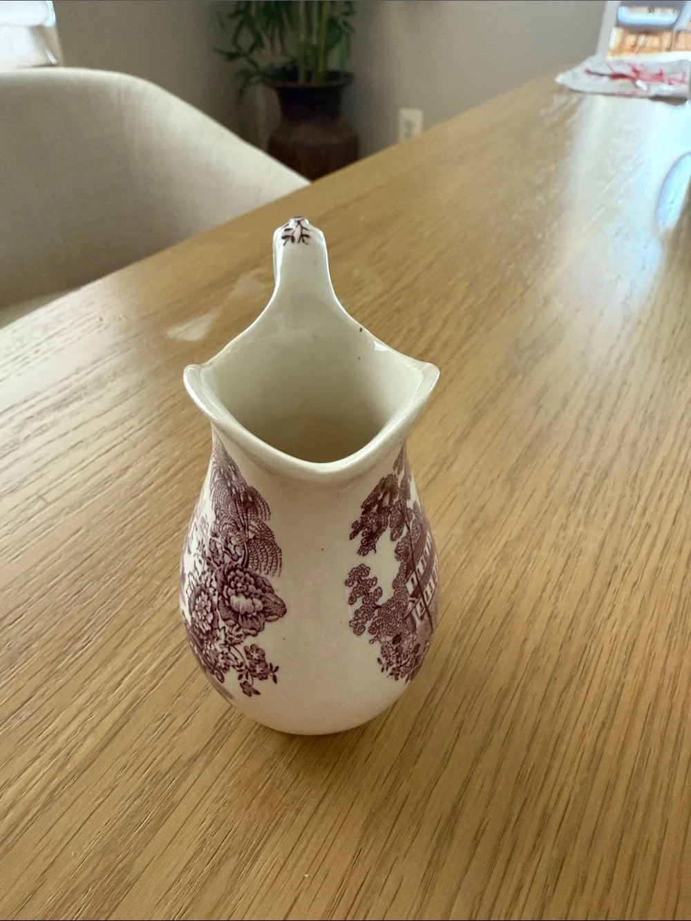 Classic White Ceramic Creamer with Plum Transferware Design